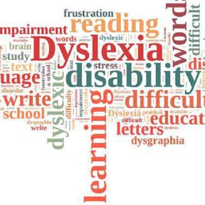 Word cloud representing dyslexia, learning disability, and related terms.