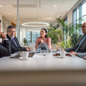 Multi-ethnic group of male and female executives sitting at conference table in modern office and exchanging ideas.
